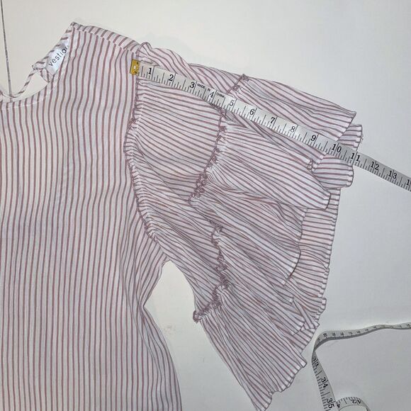 Vestique Pink White Pinstripe Top Ruffle Flutter Sleeve Blouse Open Tie Back S - Picture 8 of 11